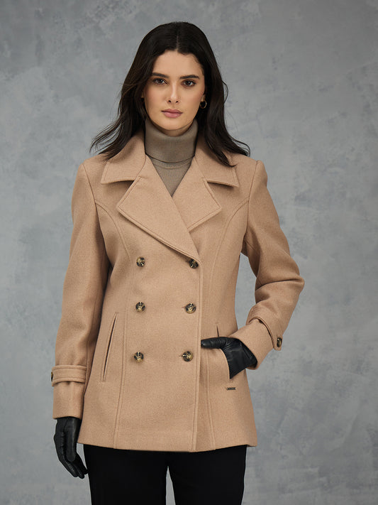Iconic Women Brown Solid Lapel Collar Overcoat