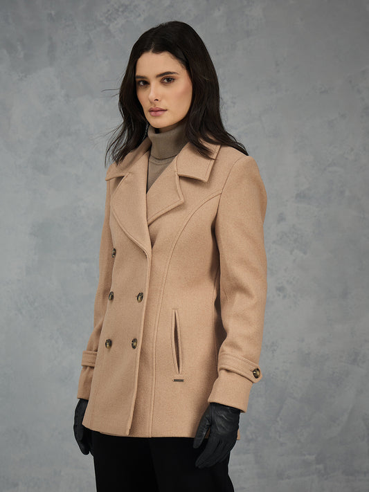Iconic Women Brown Solid Lapel Collar Overcoat