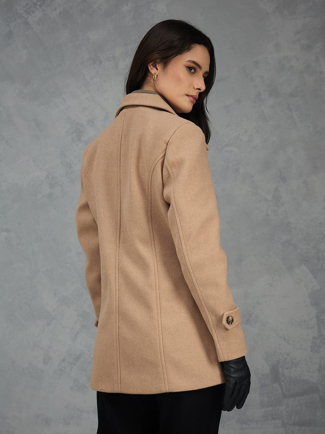 Iconic Women Brown Solid Lapel Collar Overcoat