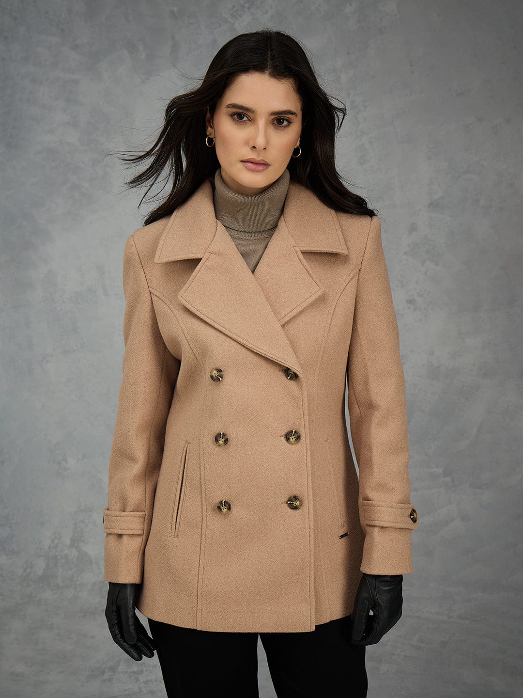 Iconic Women Brown Solid Lapel Collar Overcoat