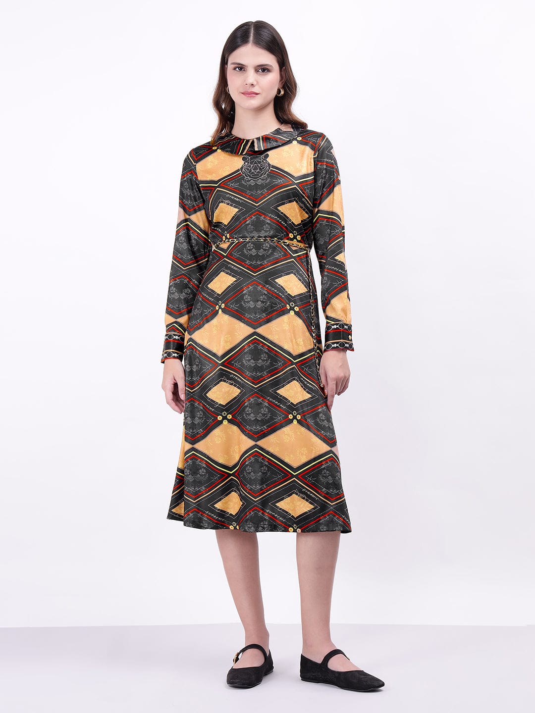 Iconic Women Black Printed Collar Dress