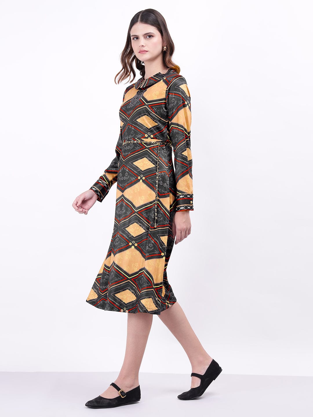 Iconic Women Black Printed Collar Dress