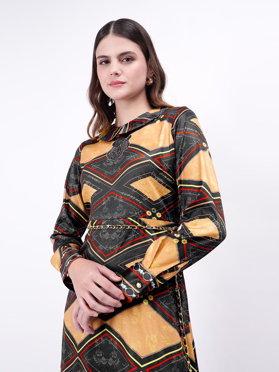 Iconic Women Black Printed Collar Dress