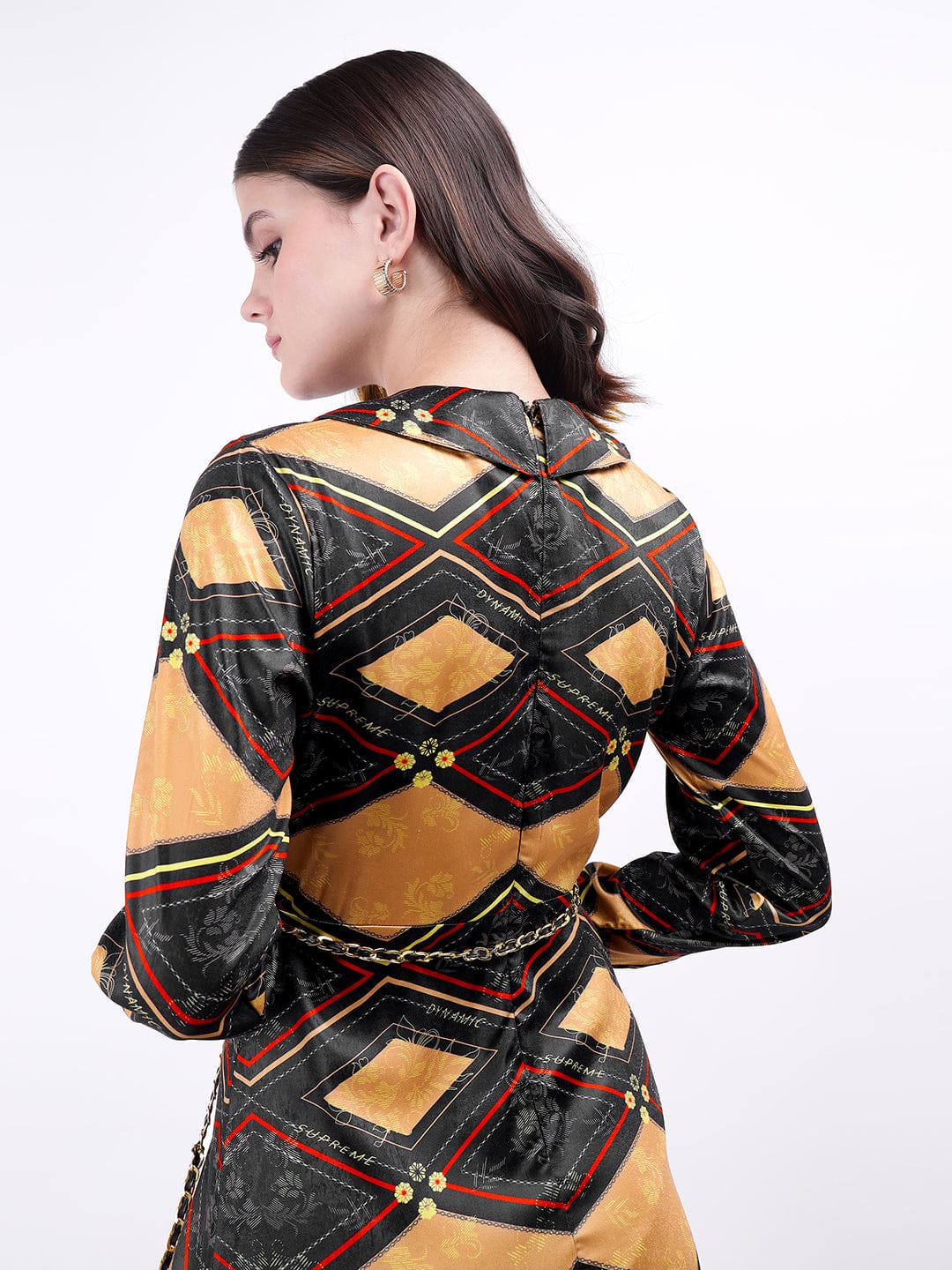 Iconic Women Black Printed Collar Dress