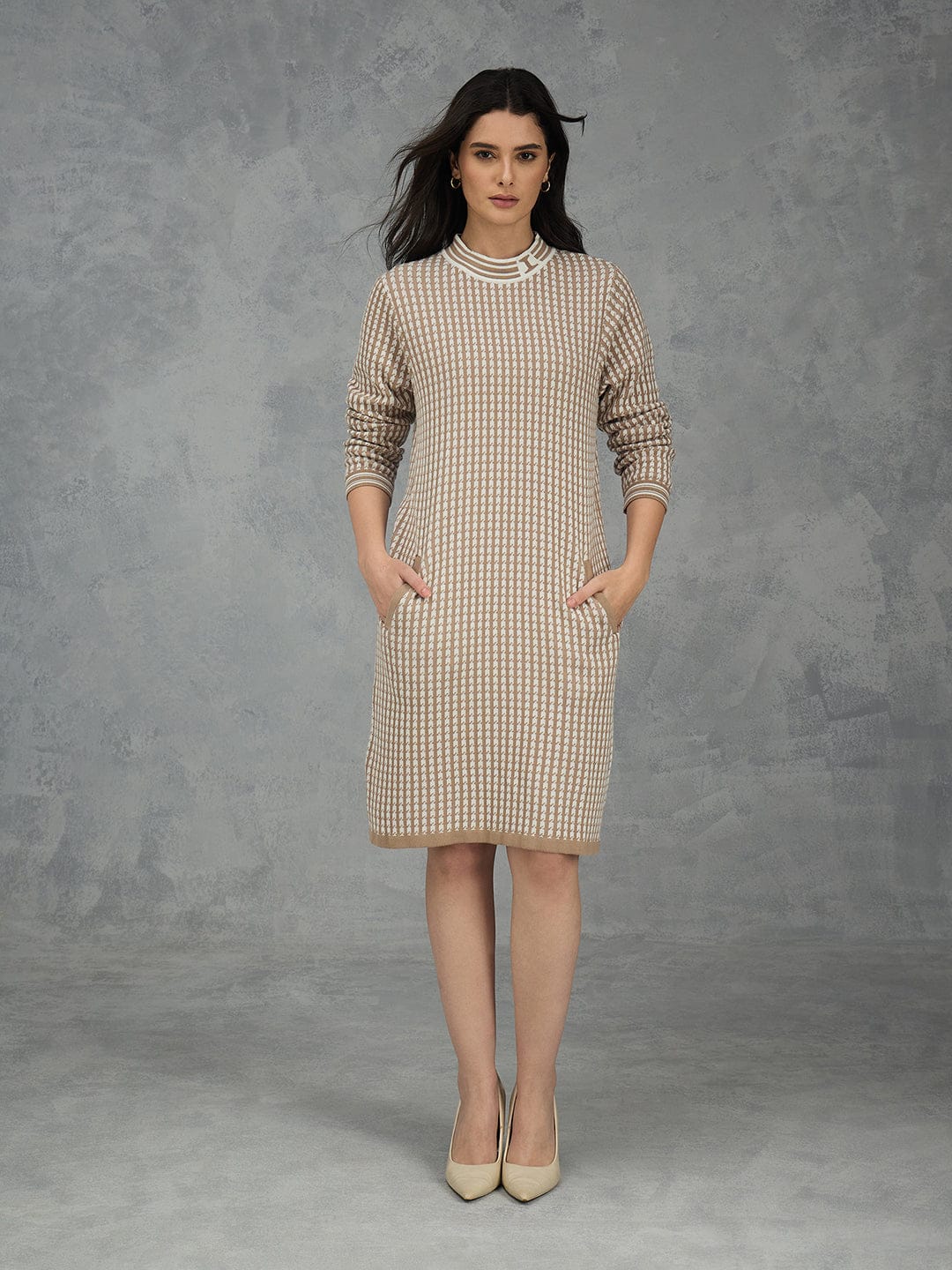 Iconic Women Beige Solid Pure Cotton Round Neck Straight Dress