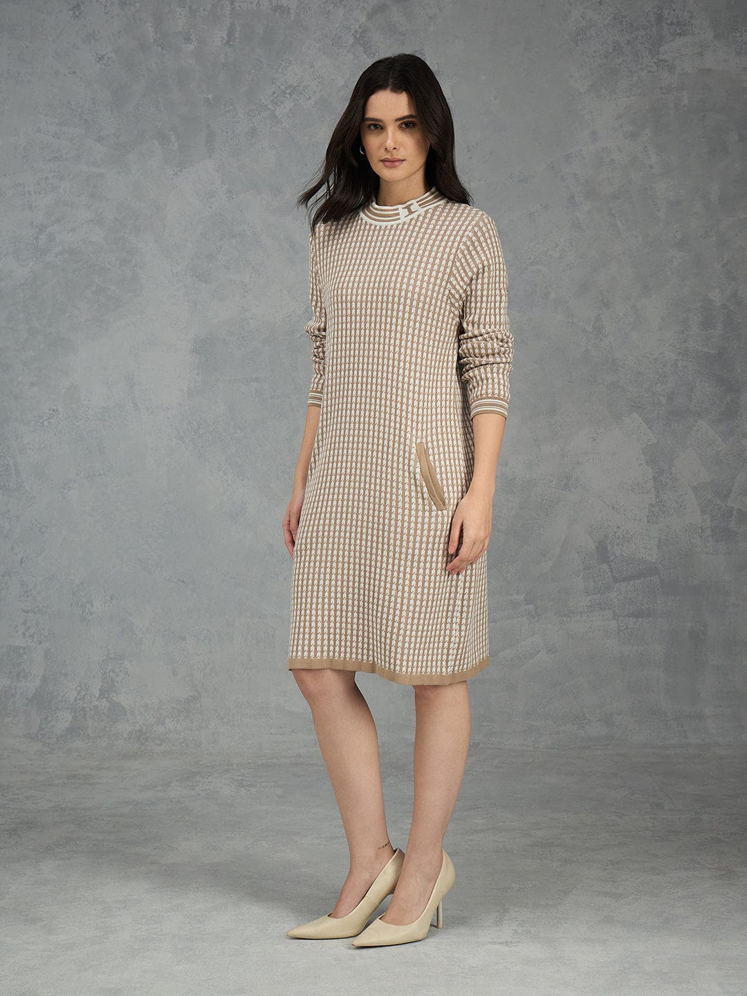 Iconic Women Beige Solid Pure Cotton Round Neck Straight Dress