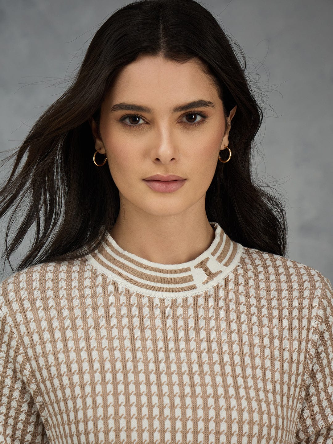 Iconic Women Beige Solid Pure Cotton Round Neck Straight Dress