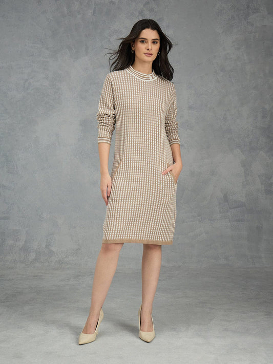 Iconic Women Beige Solid Pure Cotton Round Neck Straight Dress