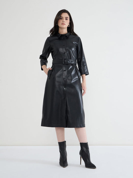 Iconic Women Black Solid Collared Dress