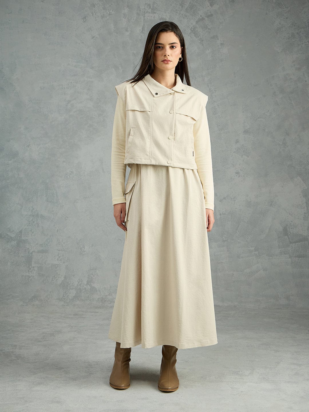 Iconic Women Beige Solid Pure Cotton Collared Dress