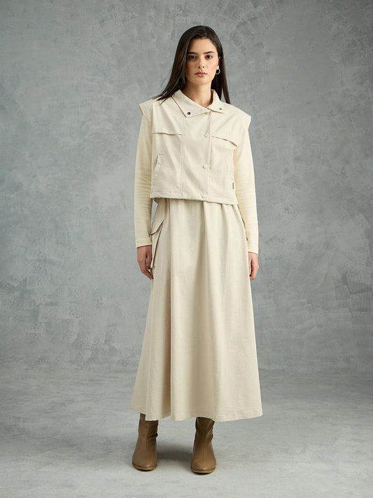 Iconic Women Beige Solid Pure Cotton Collared Dress