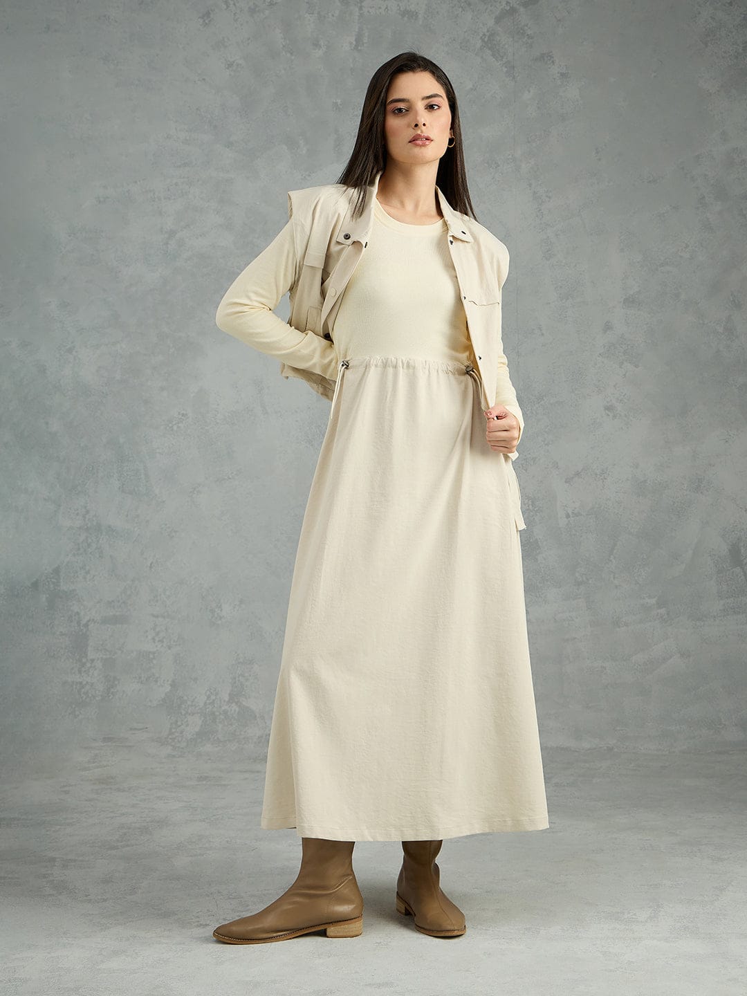 Iconic Women Beige Solid Pure Cotton Collared Dress