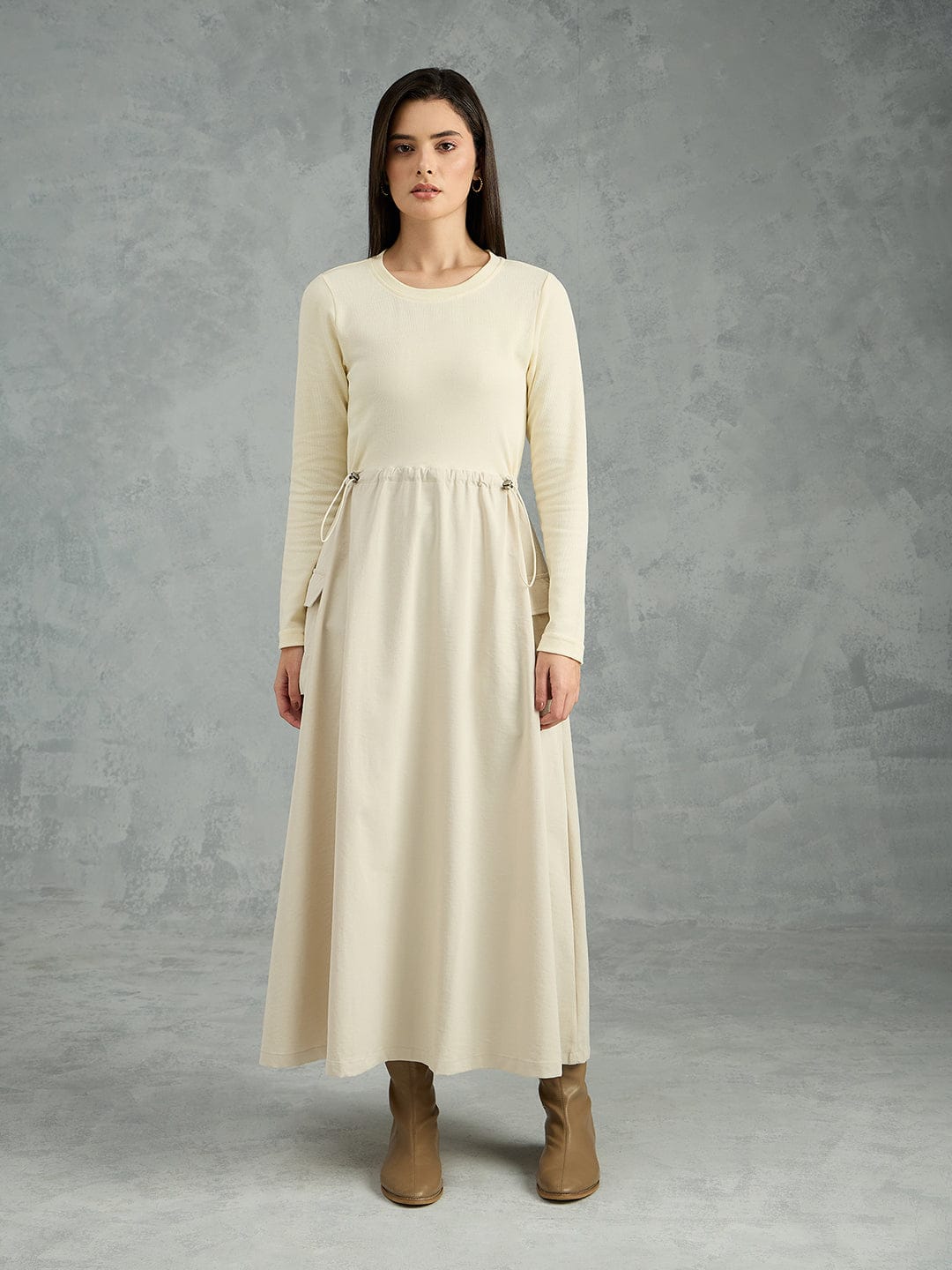 Iconic Women Beige Solid Pure Cotton Collared Dress