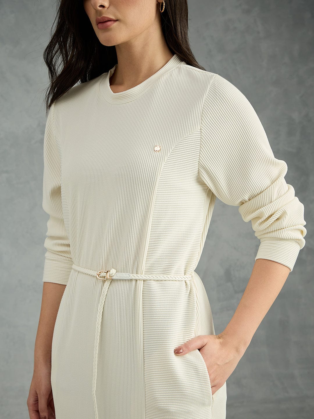 Iconic Women Cream Solid Round Neck Straight Fit Dress