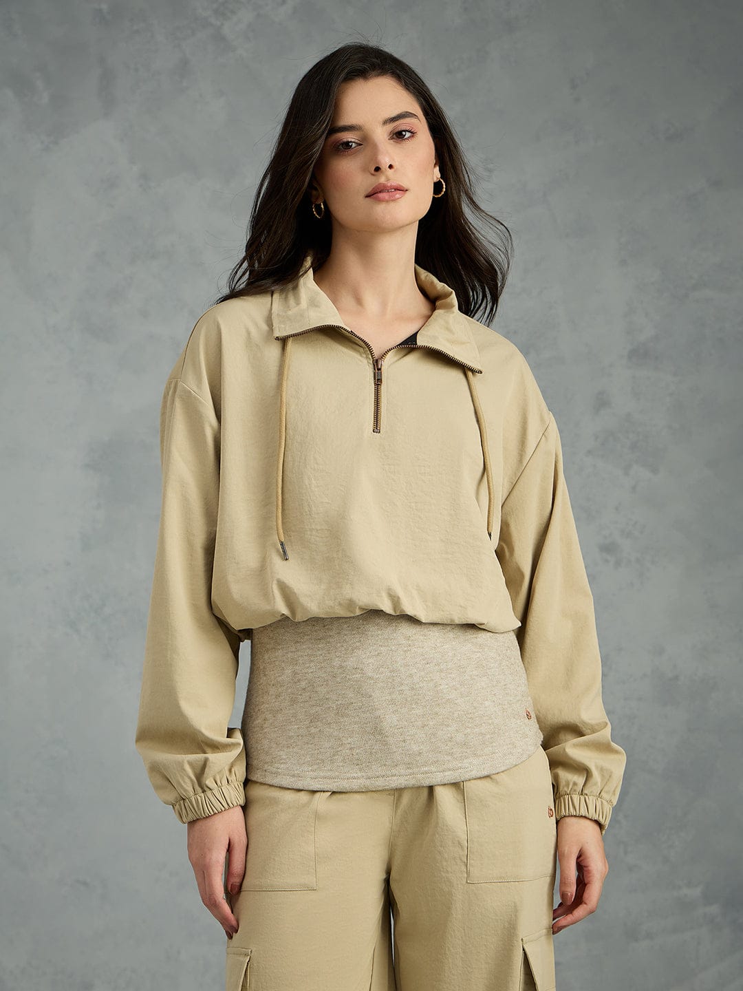Iconic Women Beige Solid Collared Loose Fit Jacket