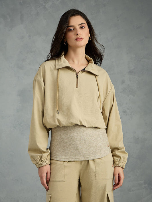 Iconic Women Beige Solid Collared Loose Fit Jacket