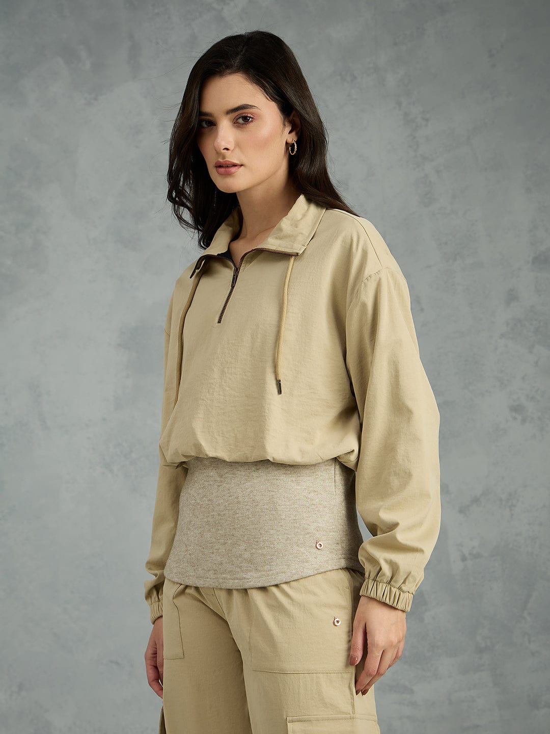 Iconic Women Beige Solid Collared Loose Fit Jacket