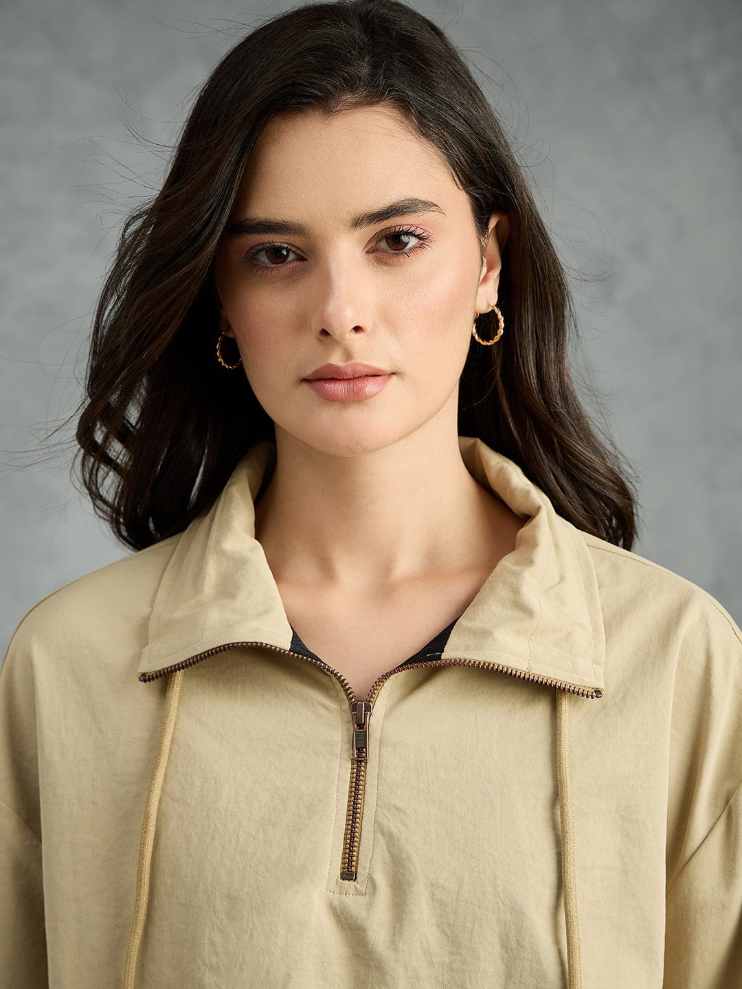 Iconic Women Beige Solid Collared Loose Fit Jacket