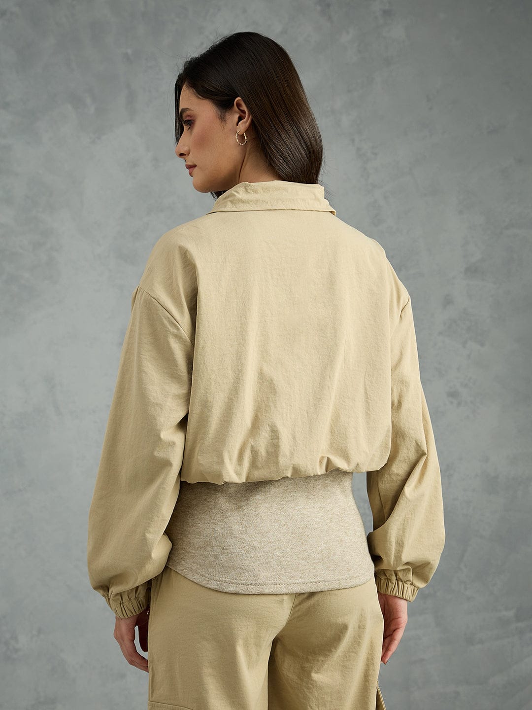 Iconic Women Beige Solid Collared Loose Fit Jacket