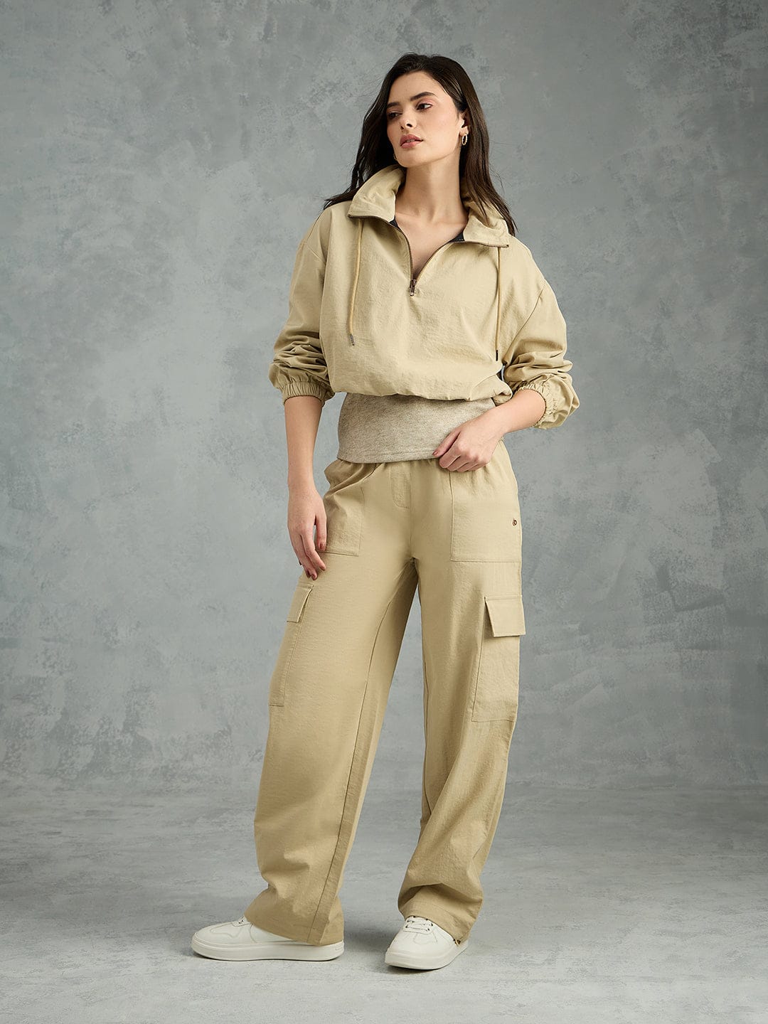 Iconic Women Beige Solid Collared Loose Fit Jacket