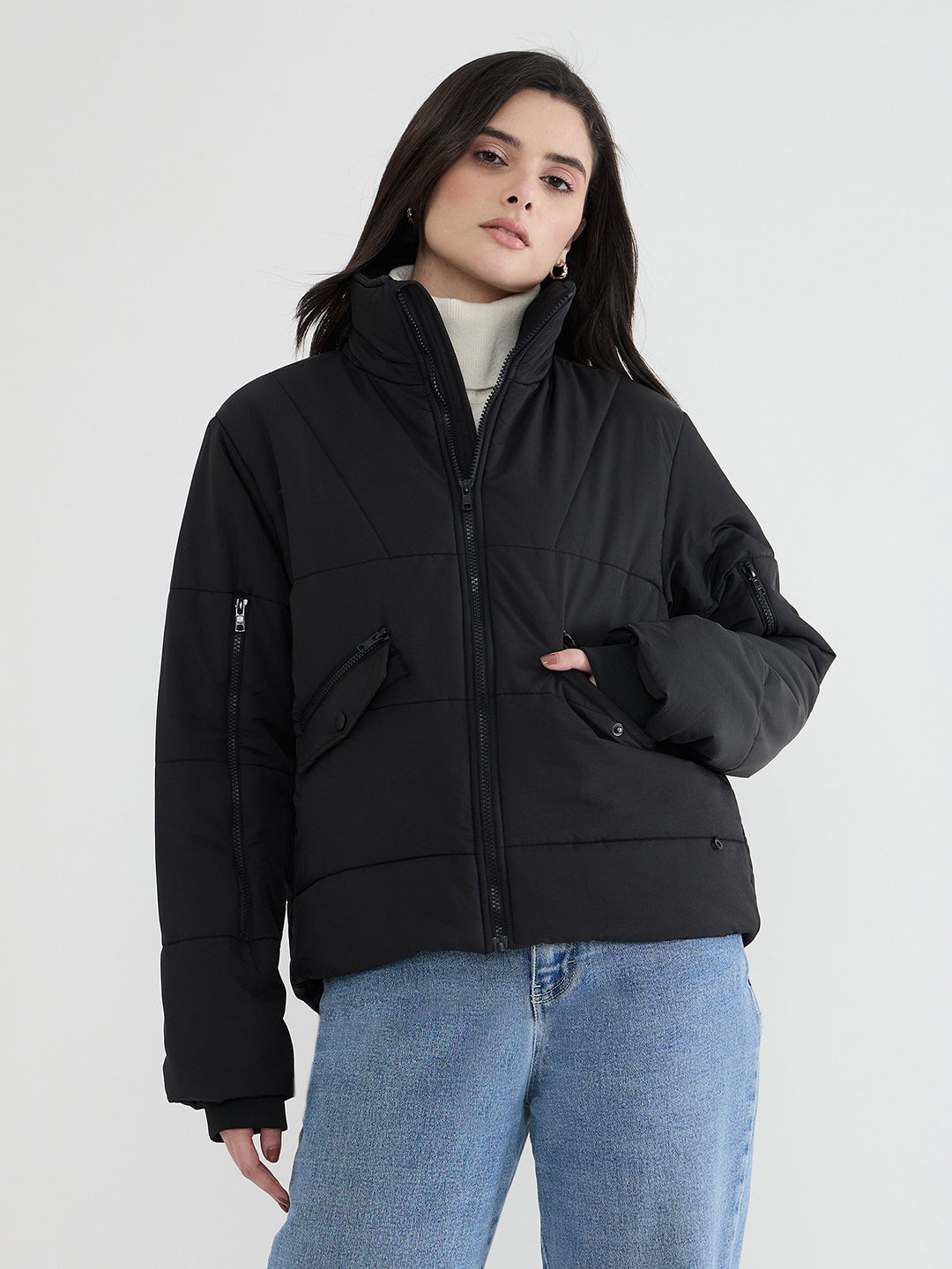 Iconic Women Black Solid High Neck Jacket