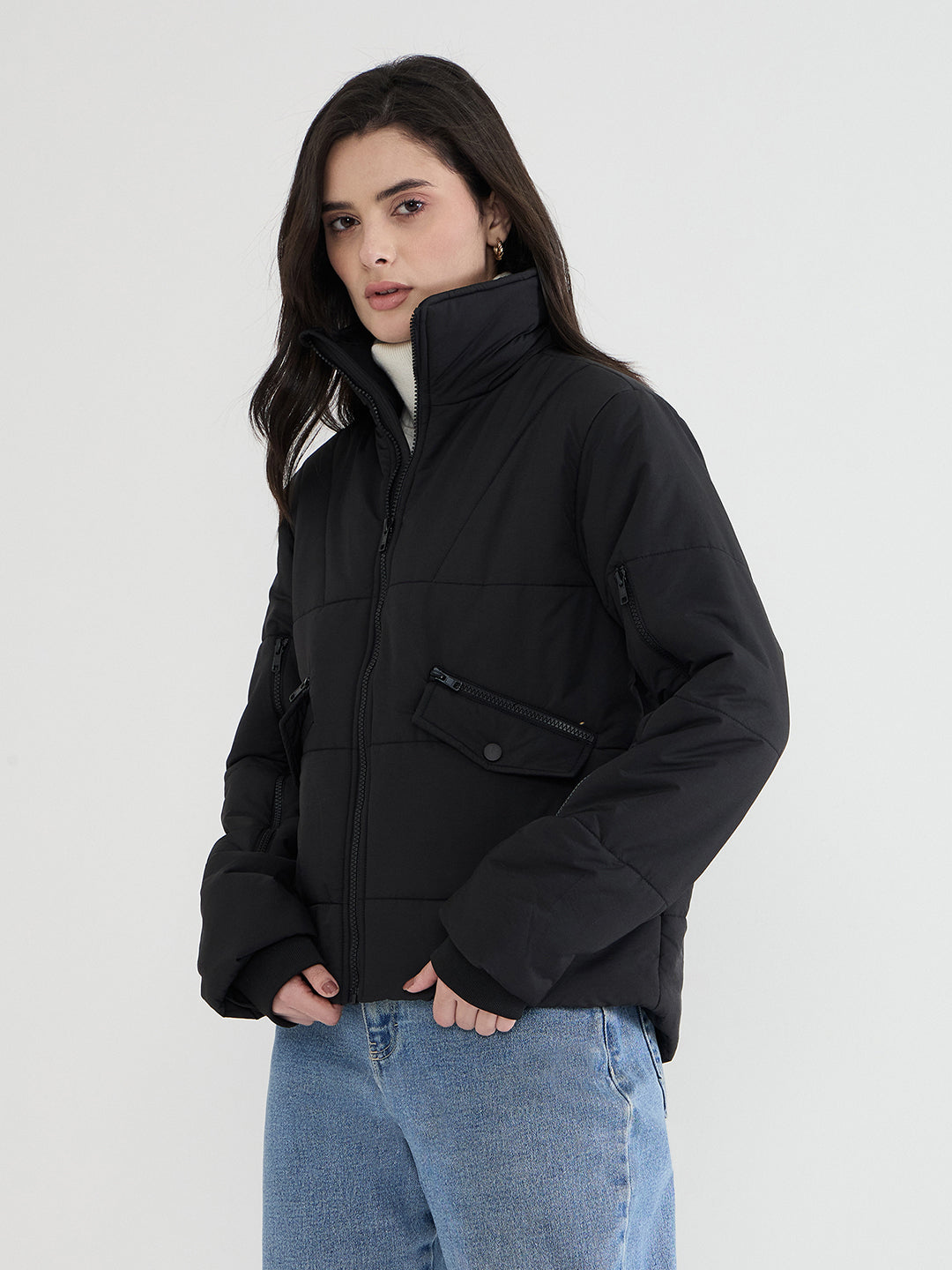 Iconic Women Black Solid High Neck Jacket