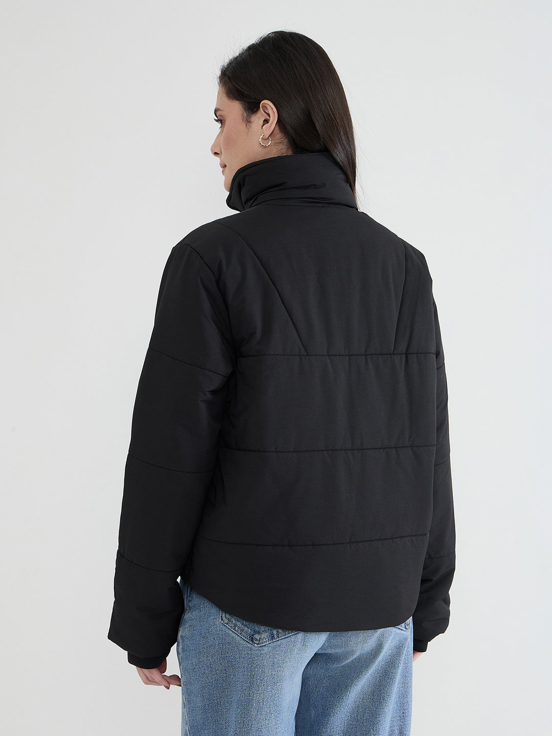 Iconic Women Black Solid High Neck Jacket
