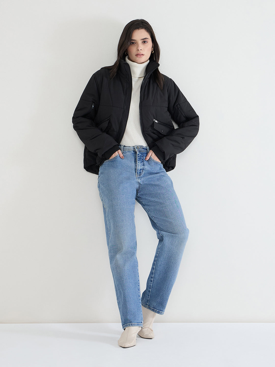 Iconic Women Black Solid High Neck Jacket