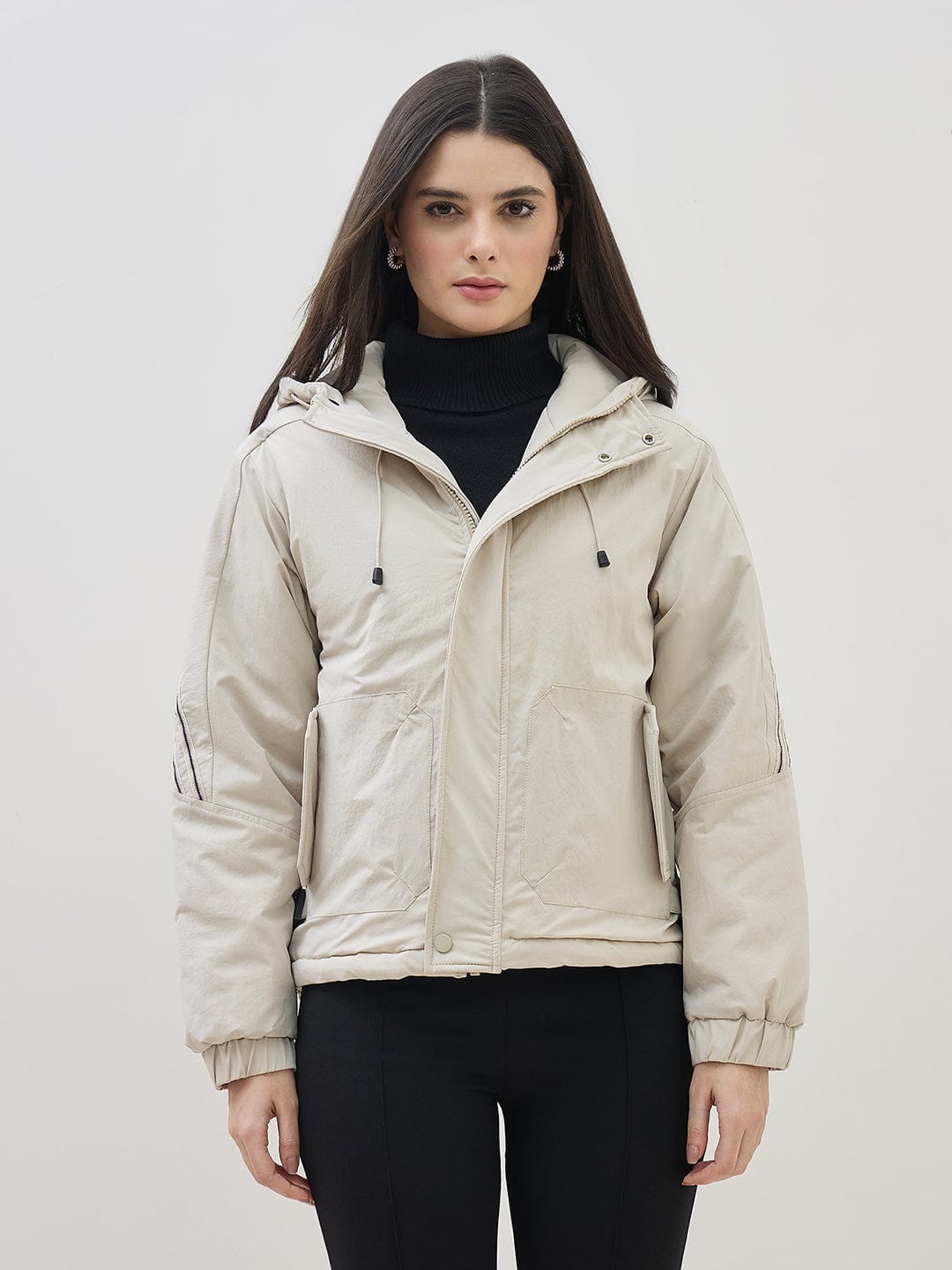 ICONIC Women Grey High Neck Regular Fit Hooded Jacket