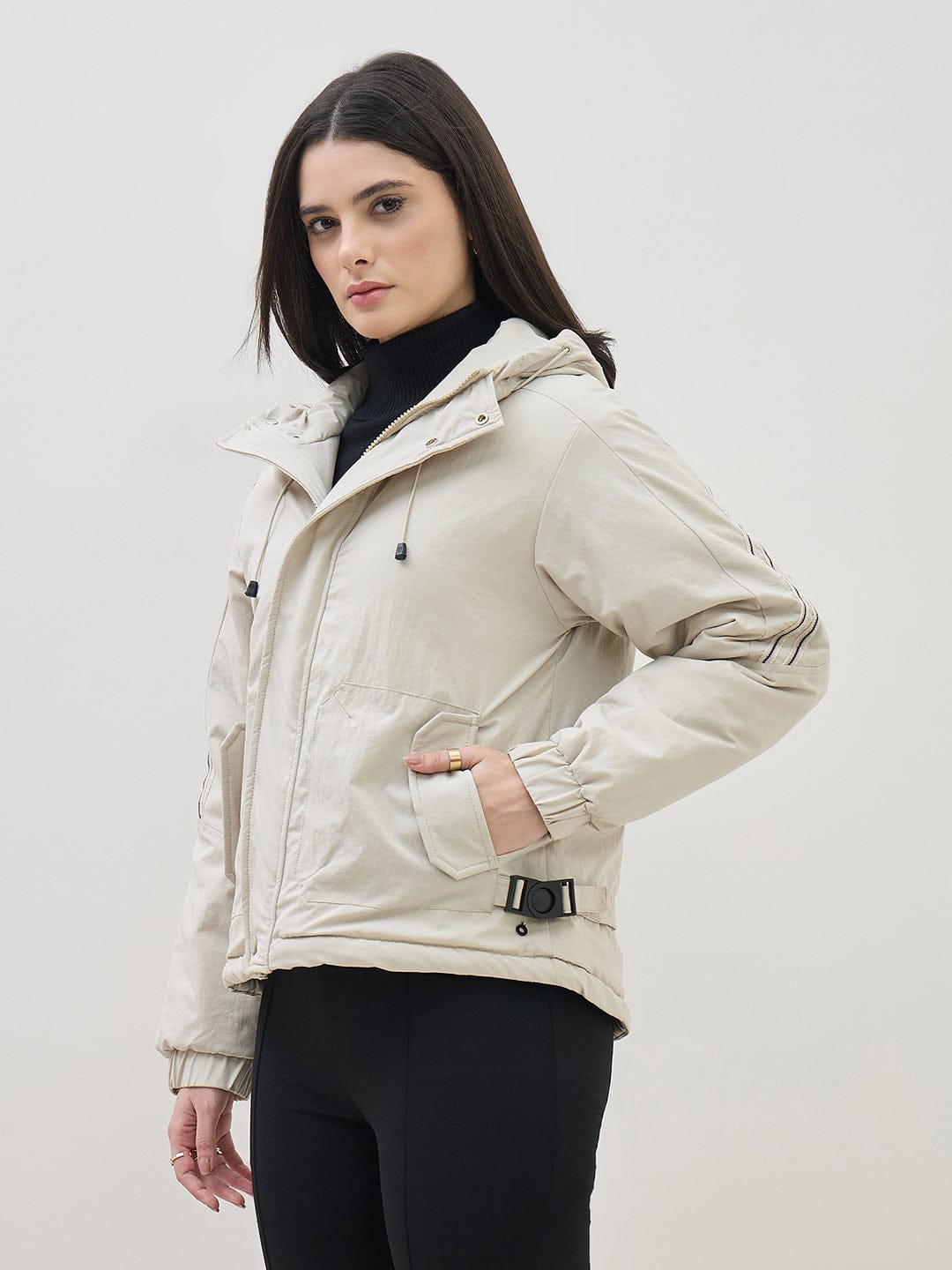 ICONIC Women Grey High Neck Regular Fit Hooded Jacket