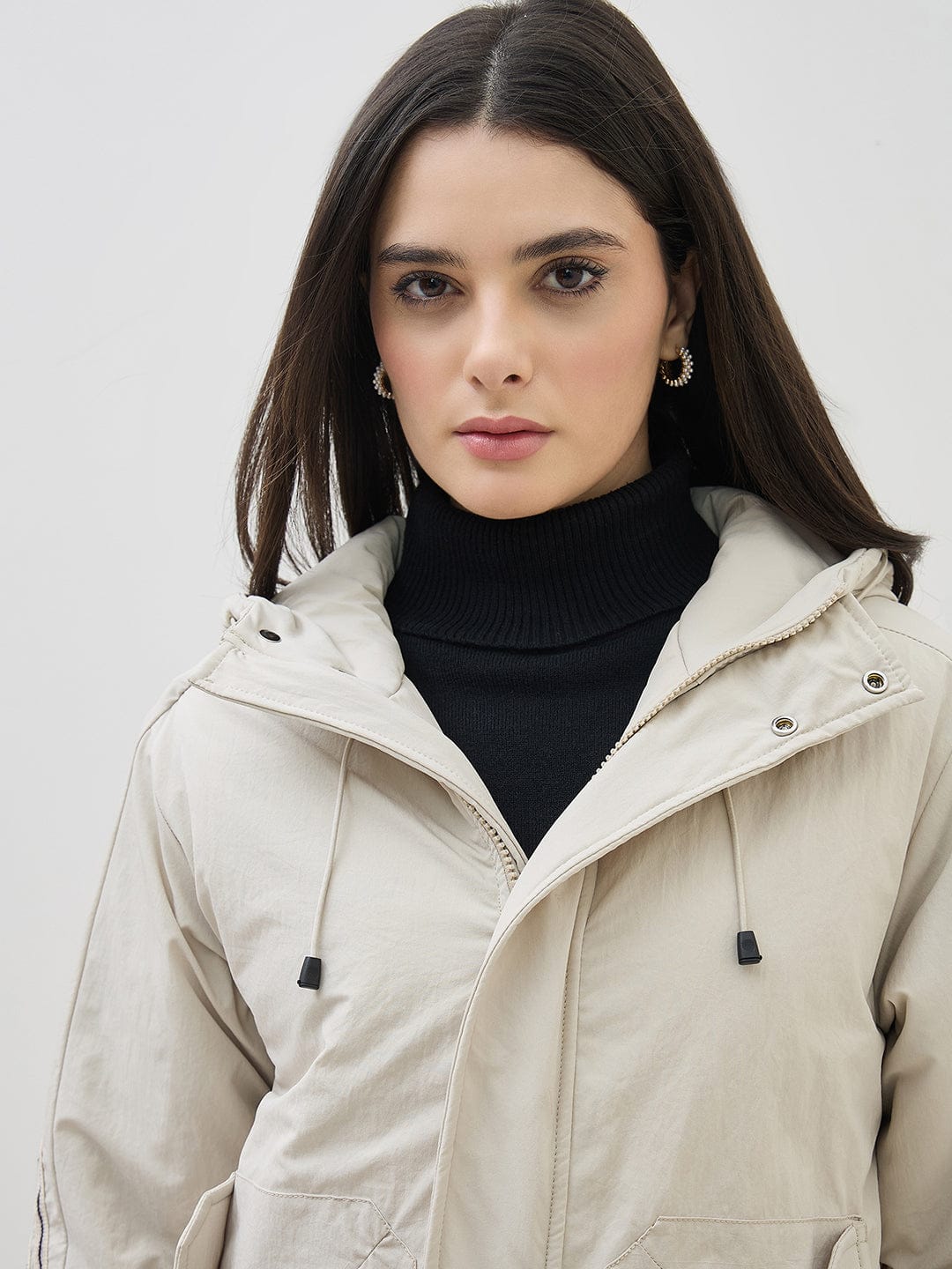 ICONIC Women Grey High Neck Regular Fit Hooded Jacket