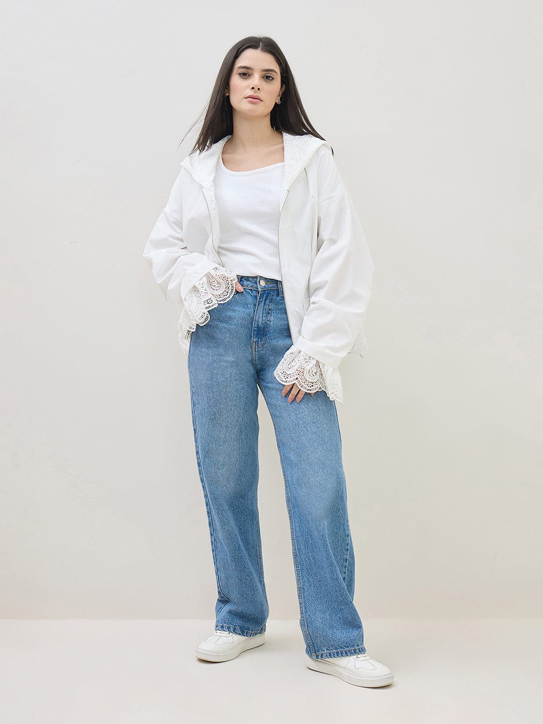 ICONIC Women White Hooded Regular Fit Jacket