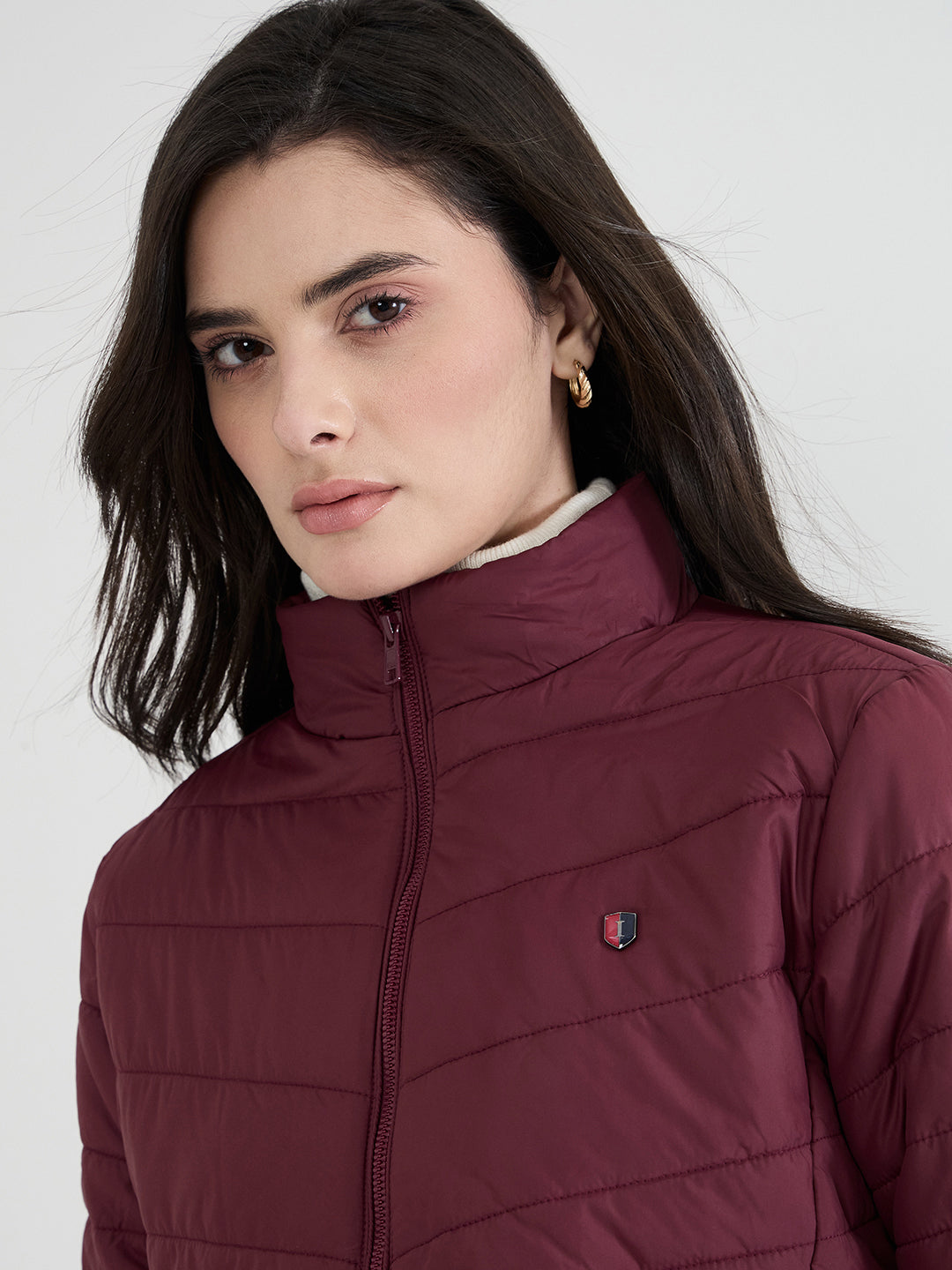Iconic Women Maroon Solid High Neck Jacket
