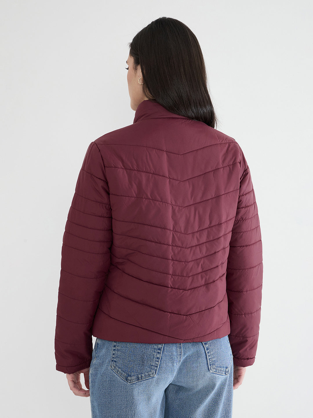 Iconic Women Maroon Solid High Neck Jacket