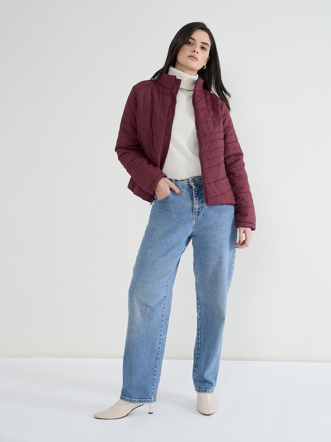 Iconic Women Maroon Solid High Neck Jacket