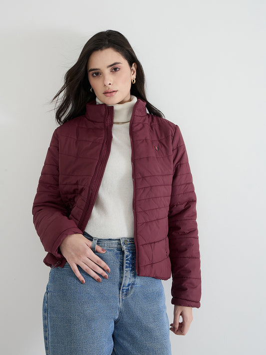 Iconic Women Maroon Solid High Neck Jacket