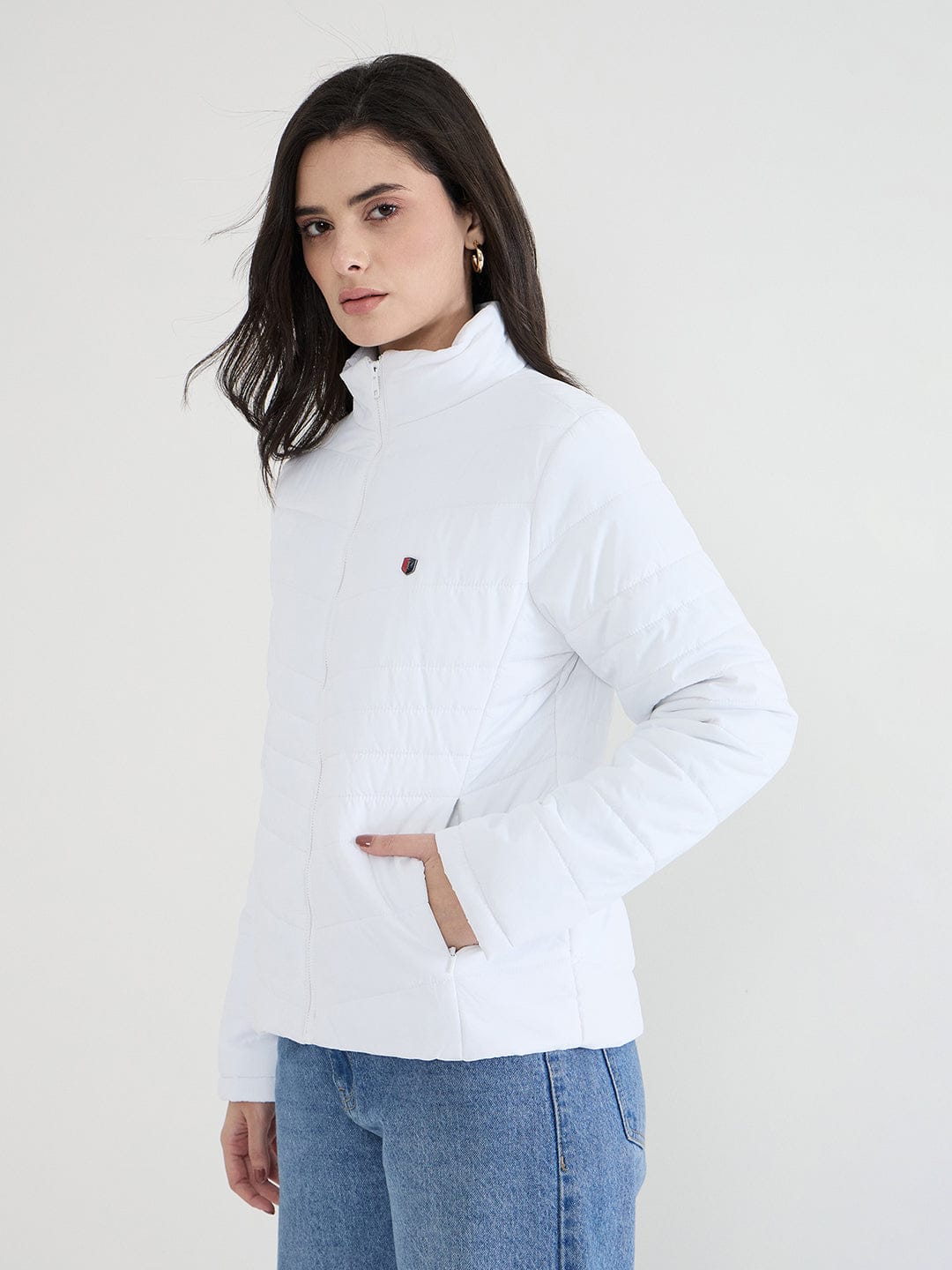 Iconic Women White Solid High Neck Jacket