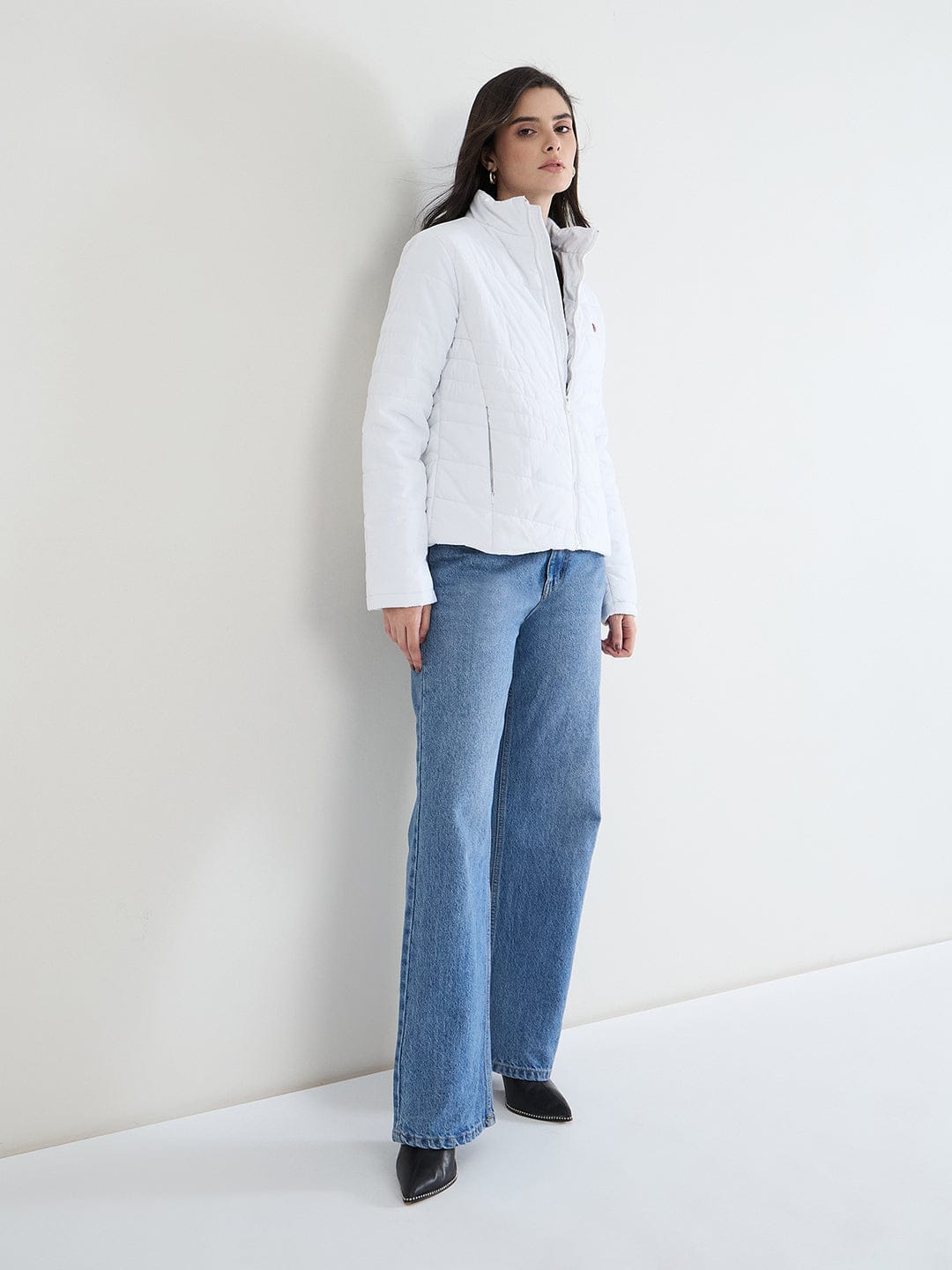 Iconic Women White Solid High Neck Jacket