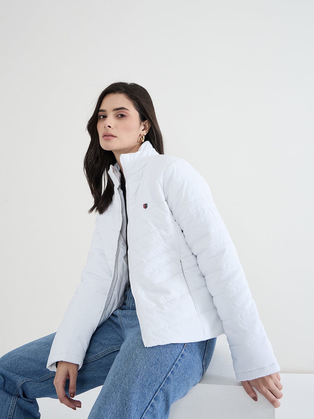 Iconic Women White Solid High Neck Jacket