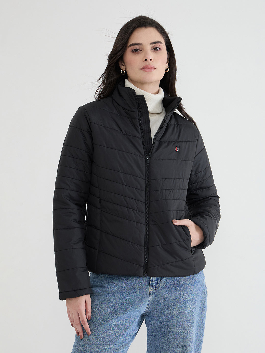 Iconic Women Black Solid High Neck Jacket