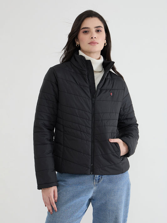 Iconic Women Black Solid High Neck Jacket