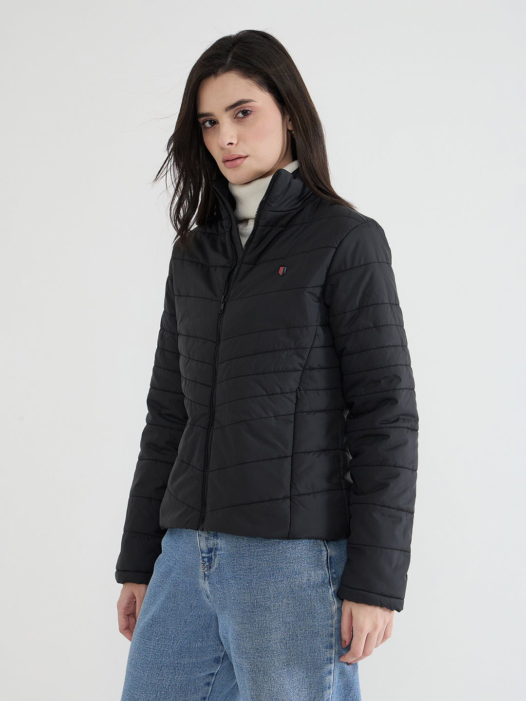 Iconic Women Black Solid High Neck Jacket