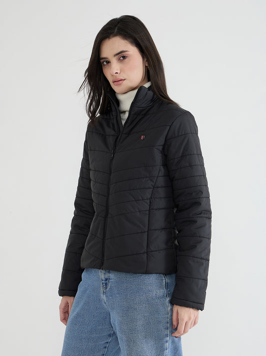 Iconic Women Black Solid High Neck Jacket