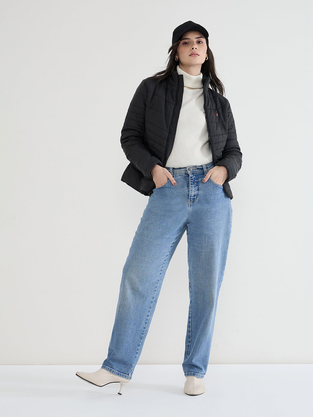 Iconic Women Black Solid High Neck Jacket