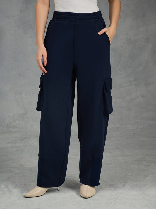 Iconic Women Navy Blue Solid Cargo Fit Sweat Pant