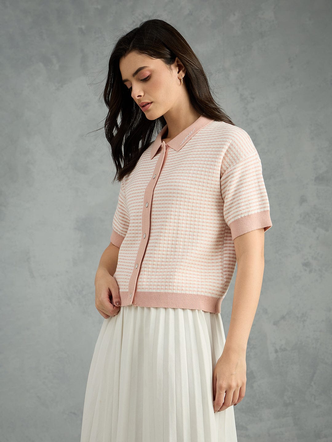 Iconic Women Pink Striped Pure Cotton Polo Collar T-Shirt