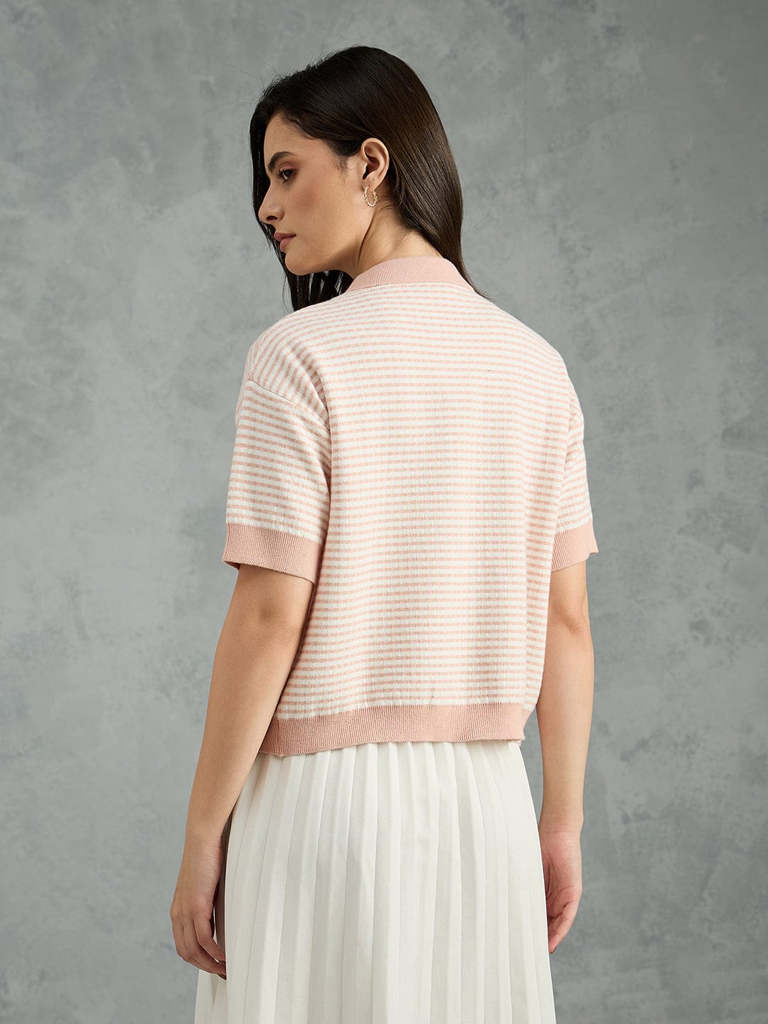 Iconic Women Pink Striped Pure Cotton Polo Collar T-Shirt