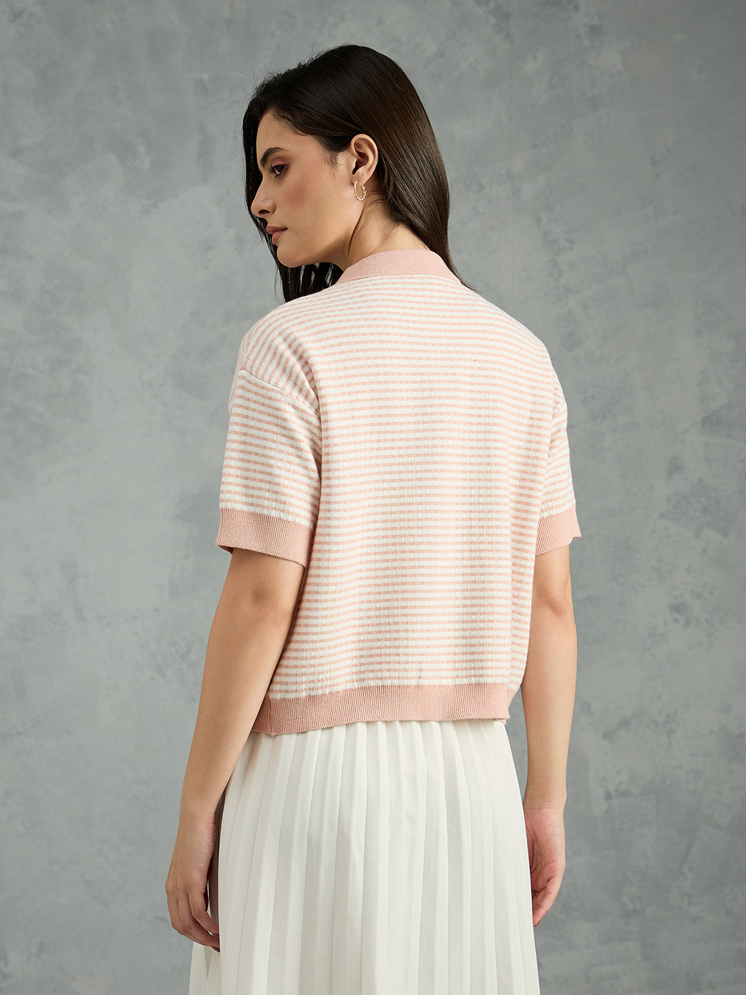 Iconic Women Pink Striped Pure Cotton Polo Collar T-Shirt