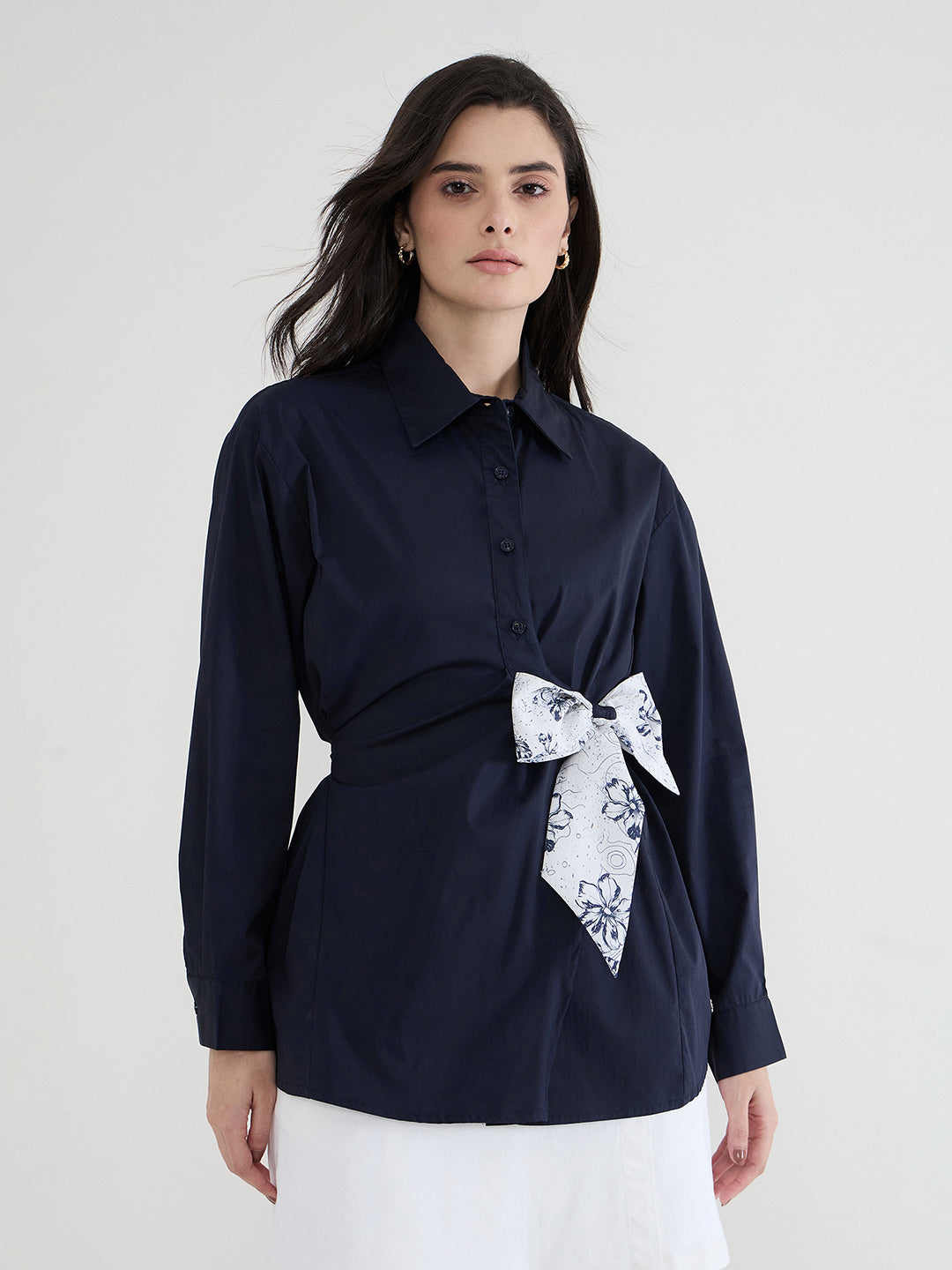 Iconic Women Navy Blue Solid Collared Shirt