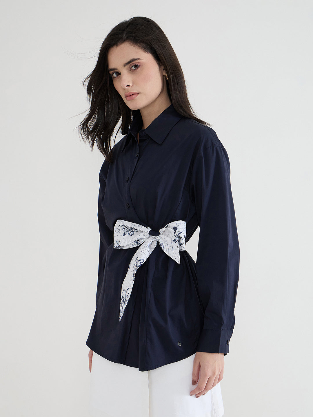 Iconic Women Navy Blue Solid Collared Shirt